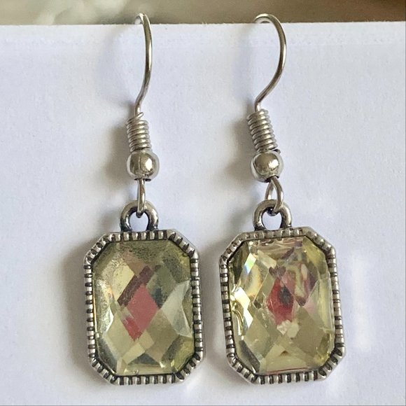 Emerald Radiant Cut Yellow Topaz Crystal Earrings Silver Tone Plated Dangle - Picture 6 of 12